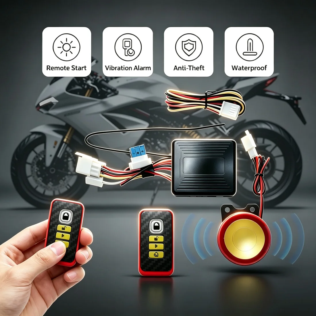 Security Burglar Alarm Motorcycle Anti-theft Alarm With Automatic Defense Ignition / Shutdown Silent Dual Flash Steering Prompt