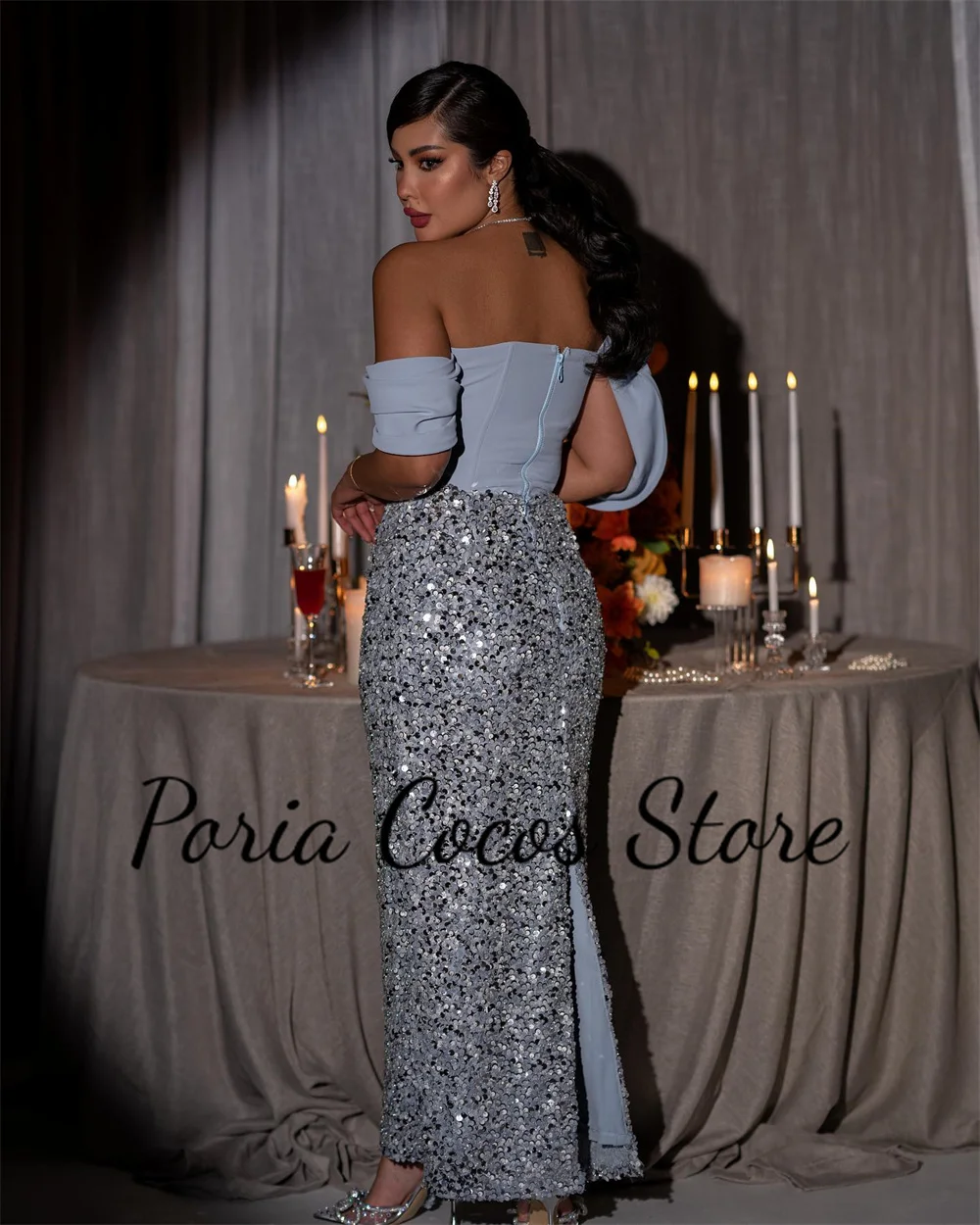 Customized Fashionable Prom Gown Patchwork Off Shoulder Glitter Sequin Strapless Dubai Women's Party Evening Dress فساتين للحفلا