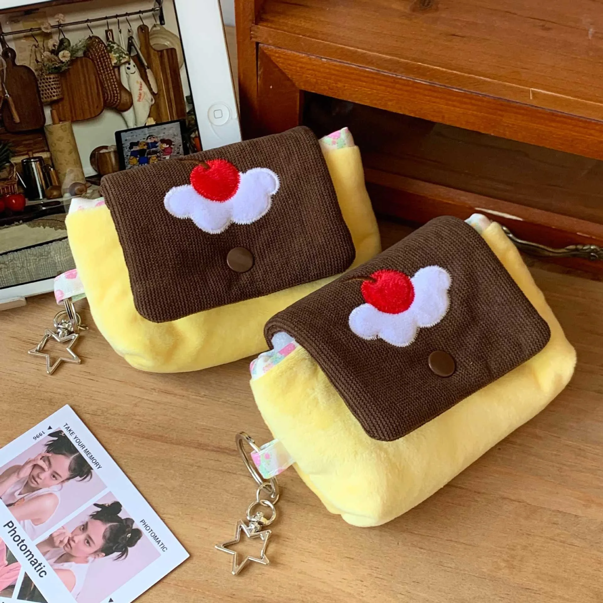 Multifunctional Small Pouch for Girls Cute Cherry Pudding Plush Coin Purse Mini Cartoon Portable Wallet for Cards Earphones Case