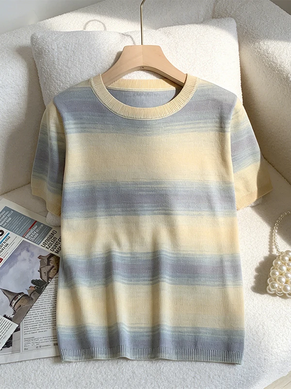 

plus Size Gradient Color Knitted Ice Silk T-Shirt Women's Summer Slimming Top Breathable Korean Style Loose Fit Short Sleeve