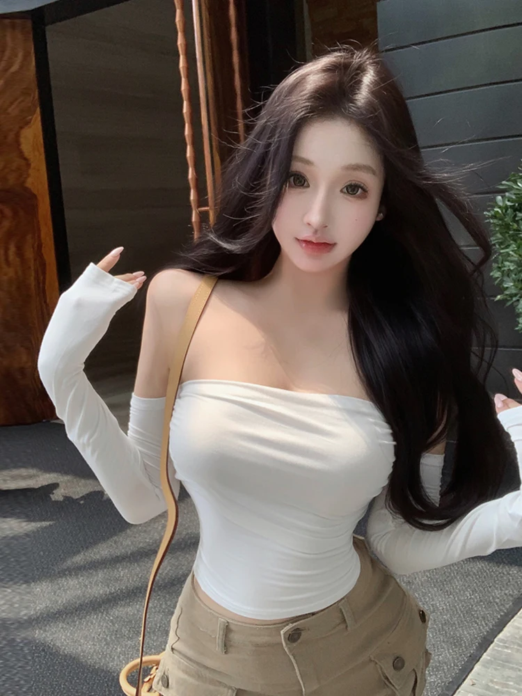 Sexy Short Sleeveless T-shirt Women's Slim Fit Knitted Casual Fashion Top Shoulder Bared One-Shoulder Long Sleeve  Dress