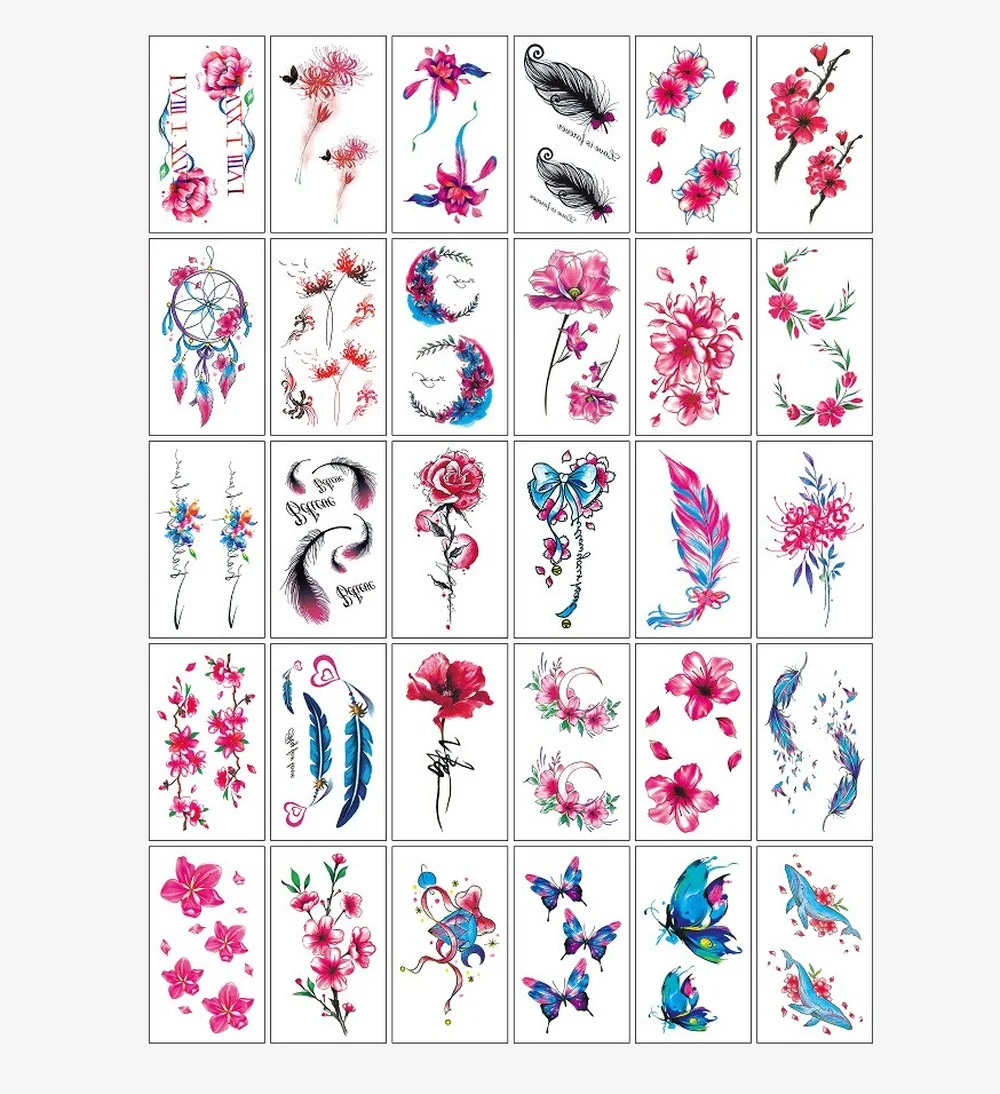 30Sheet Tattoo Stickers English Word Waterproof Long Lasting Realistic Transfer Temporary Black Letters Feather Flower Body Art