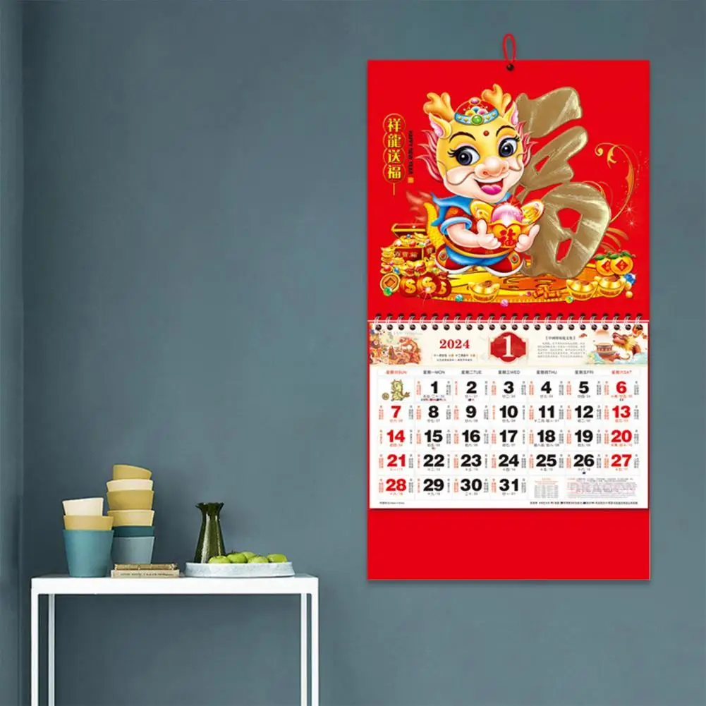 Calendario de pared con estampado de Año Nuevo Chino, diseño de dragón tradicional para decoración del hogar, Lunar, 2024, 2024