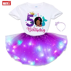 Conjunto de camiseta de fiesta de cumpleaños de sirena para niña, trajes de cumpleaños para niña, vestido de tutú, conjunto de princesa Afro, Vestido ligero + Camiseta de 2, 3, 5, 6, 7 años