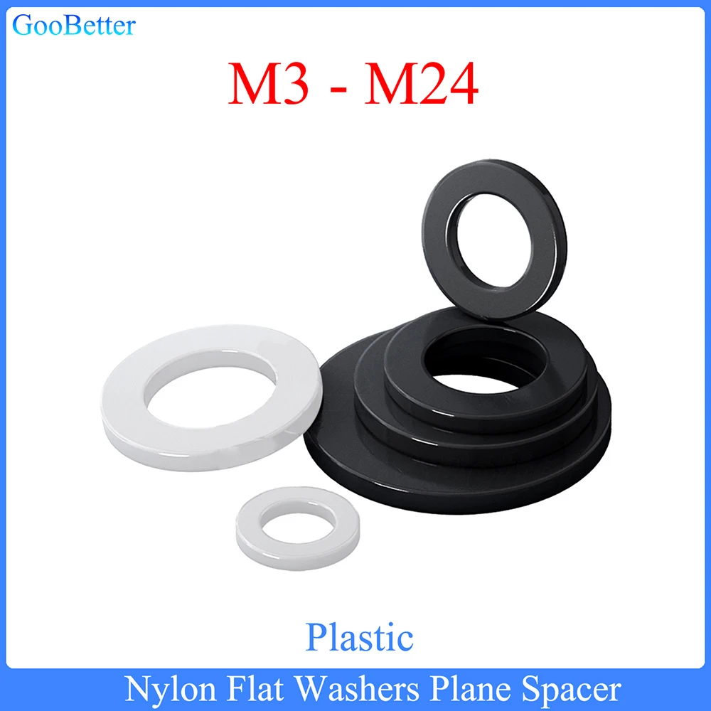 M3 M4 M5 M6 M8 M10 M12 M14 M16-M24 Nylon Flat Washers Plane Spacer Black/White Plastic Insulation Sealing Gasket for Screw Bolts