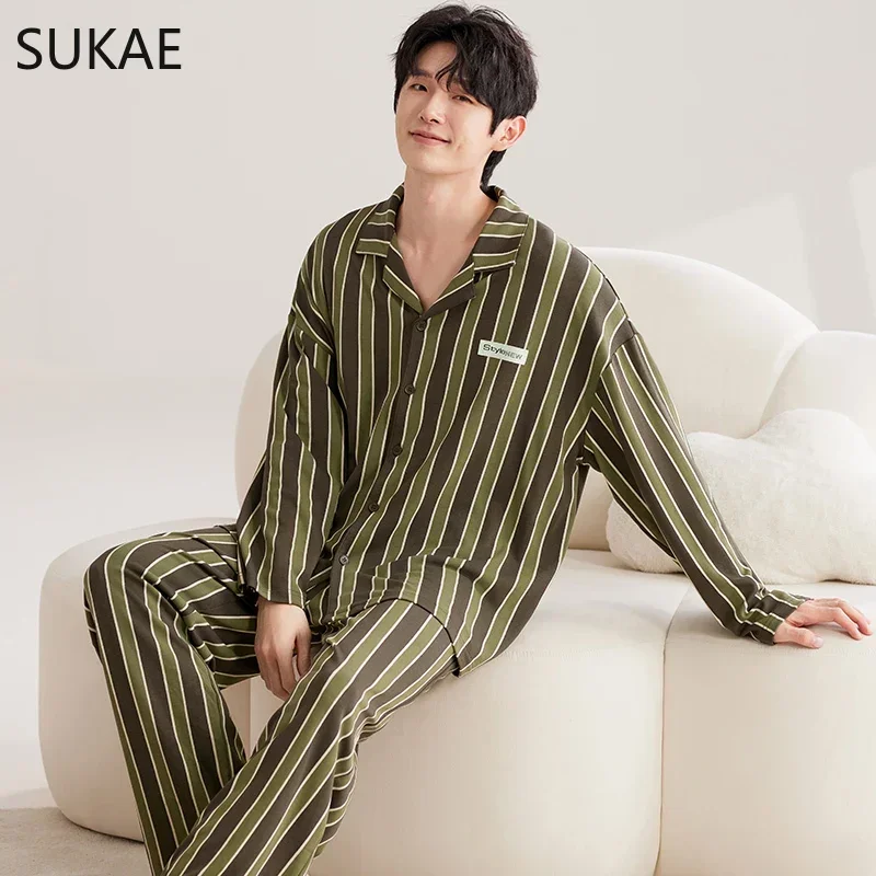 SUKAE Casual Herren Pijama Faux Baumwolle Weiche Nachtwäsche Herbst Frühling Homesuit Gentleman Umlegekragen Nachtwäsche Jungen Pyjamas