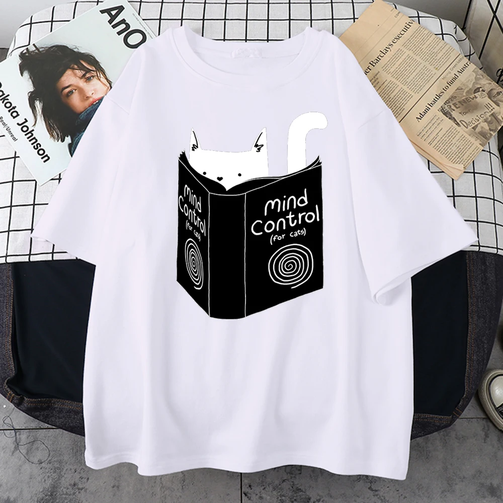 Cat Read Book Mind Control Simple Printed Men's T-Shirt Street Loose Tshirts Sport Vintage Tshirt Style Slim Man Short Sleeve