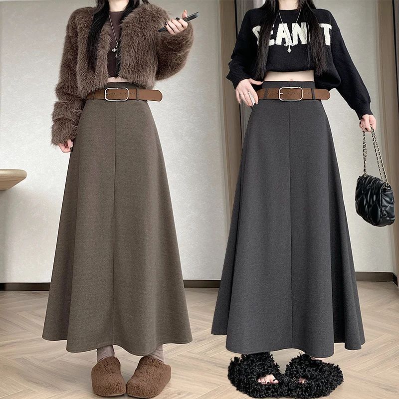 

Стильная шерстяная длинная юбка женская зима 2025, высококачественная юбка с высокой талией и поясом, винтажная черная трапециевидная юбка faldas mujer