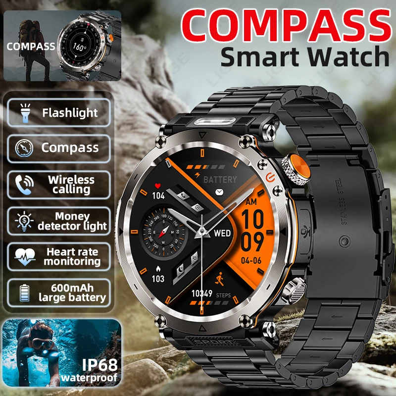 

Новые военные спортивные умные часы для мужчин, 1,7 дюйма, компас, светодиодный фонарик, 600 мАч, IP68, водонепроницаемые, Bluetooth, умные часы с функцией вызова для Android iOS