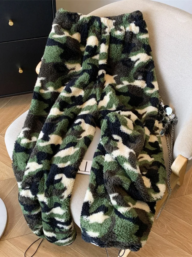 Vita alta Gamba dritta Stampa mimetica Plaid Morbido Thi Pantaloni a gamba larga Donna Inverno Street Vento fresco Vita alta Gamba larga...