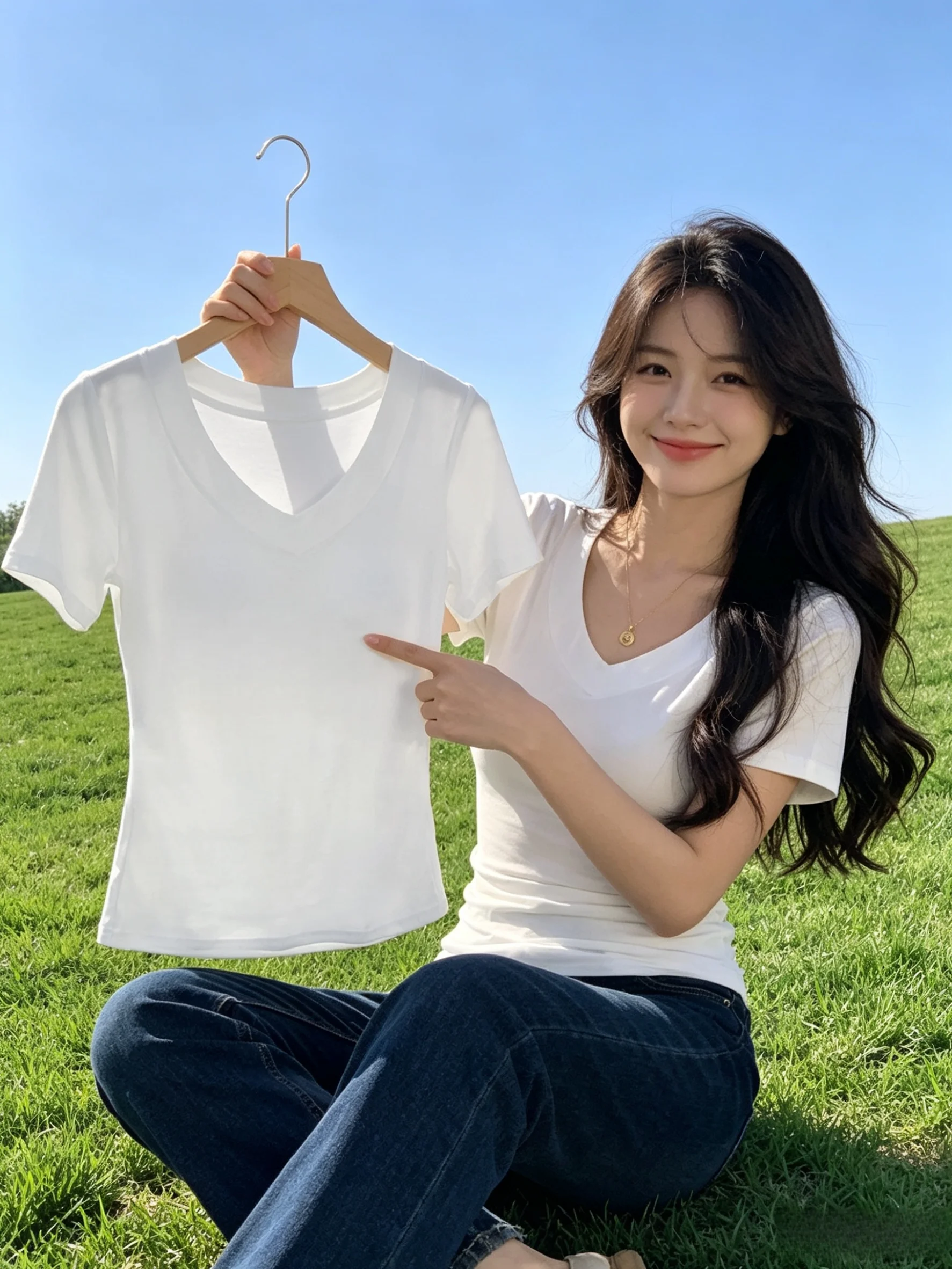 

Slimming V-Neck Short Sleeve T-Shirt Women's plus Size Basic Bottoming Top Drapey Fabric Comfortable Underwear Casual Wear