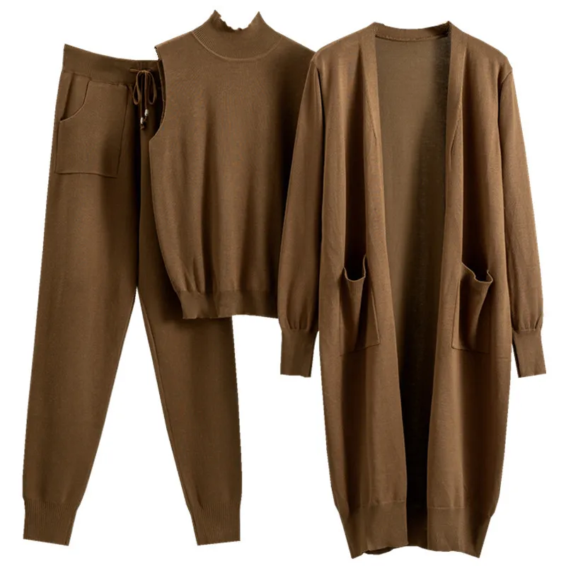 Winter Frauen Gestrickte 3 Stück Set Muslimischen Casual Verdicken Langen Mantel Kleid Pullover Mantel + top + Hose 3 stücke Anzüge Warme Set Abaya 2026