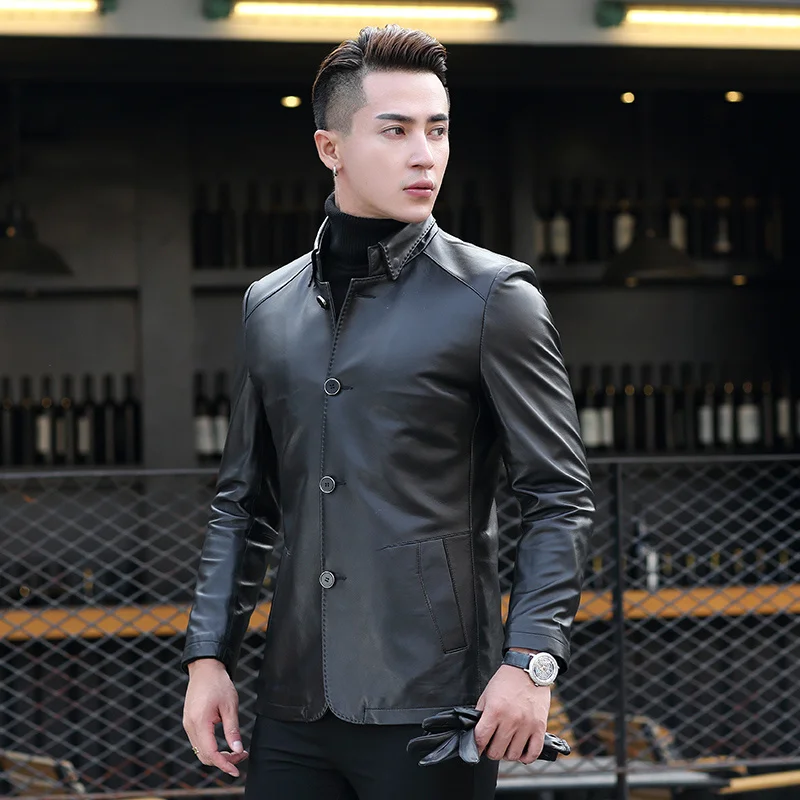 Genuine Leather Clothes Mens Slim-Fit Handsome Fashion Casual Sheepskin Trench Long Coat