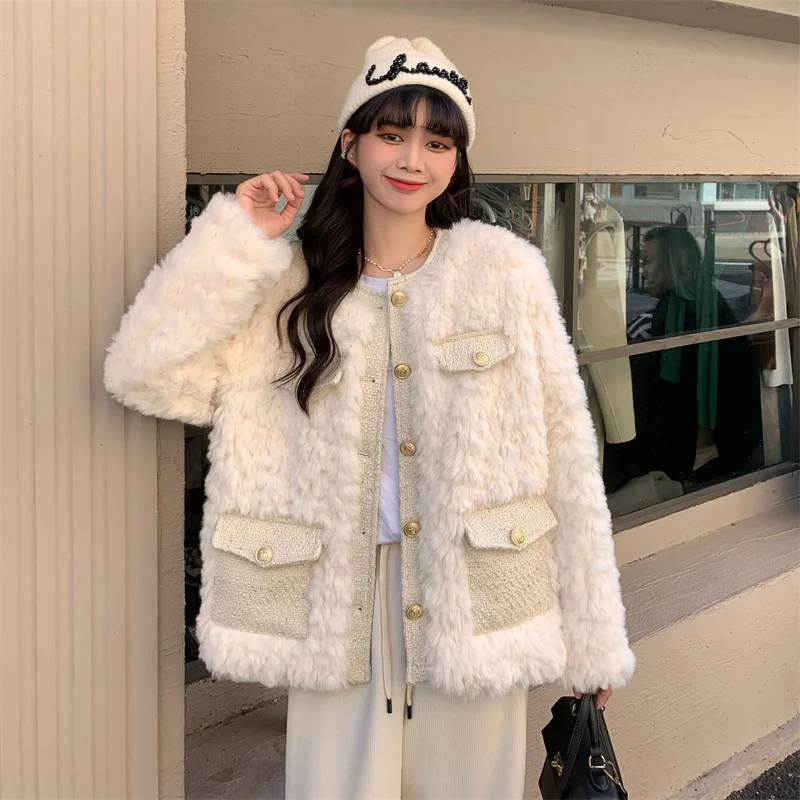 

Imitation Thickened Lamb Wool Coat Women Autumn Winter 2023 Female O-Neck Warm Outwear Jacket