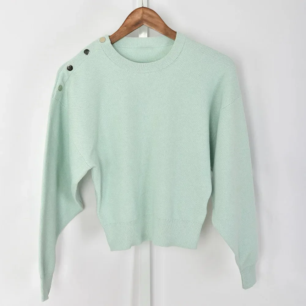 Women White or Green Sweater Shoulder Buttons Round Neck Long Sleeve Fashion Pullover