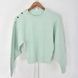 Frauen weißen oder grünen Pullover Schulter knöpfe Rundhals ausschnitt Langarm Mode Pullover