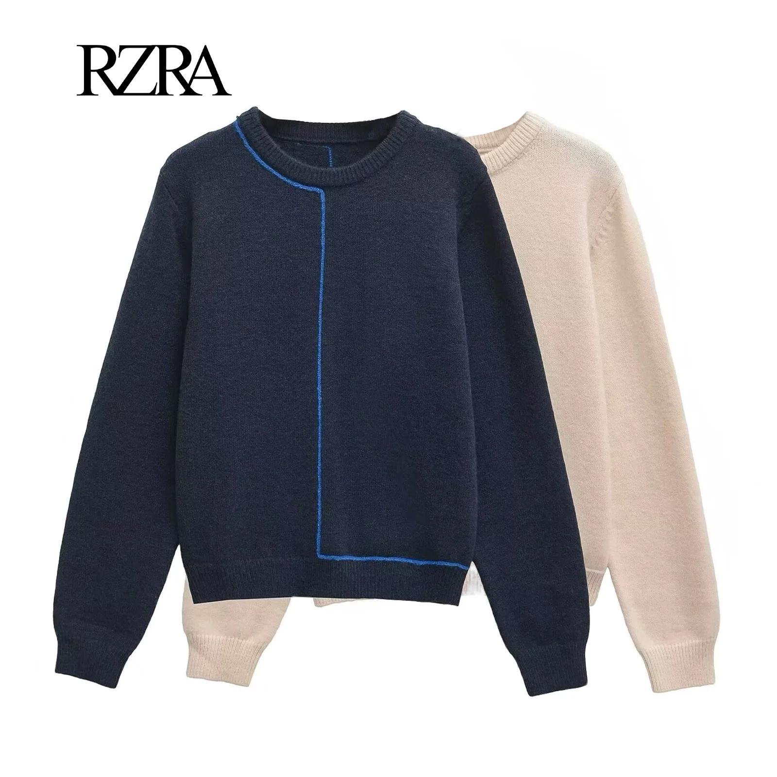 RZRA women's autumn and winter new 2024 knitted sweater crewneck spell line British style commuter temperament pullover