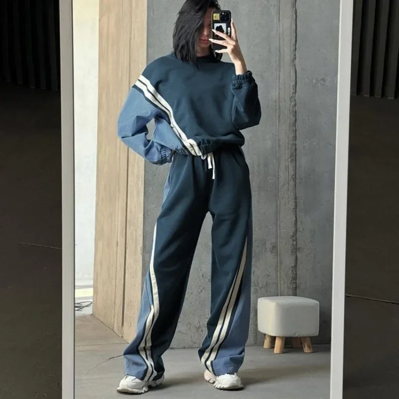 Fitness Outfits Chic 2024 Elegant Spliced Stripe Sweatshirt Top Pants Joggers Two Piece Set Autumn Winter Sport Women Tracksuit