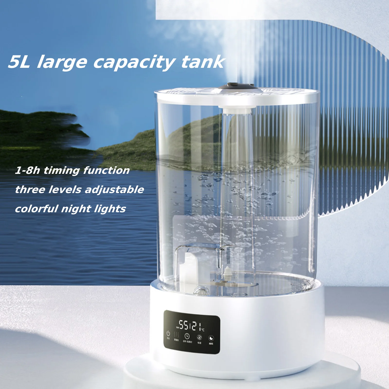 Pelembap udara kabut dingin, Meja Yoga kapasitas besar 5L dapat diatur dengan lampu malam, pelembap udara kecil untuk kamar anak-anak