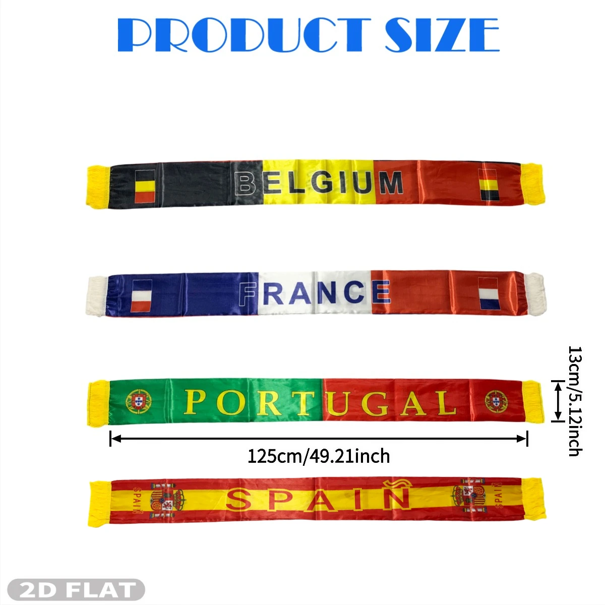 1pc Fan Scarf (Portugal, Spain, Belgium, France) - World Fan Themed Nation Team Scarf with Tassels for Stadium Matches