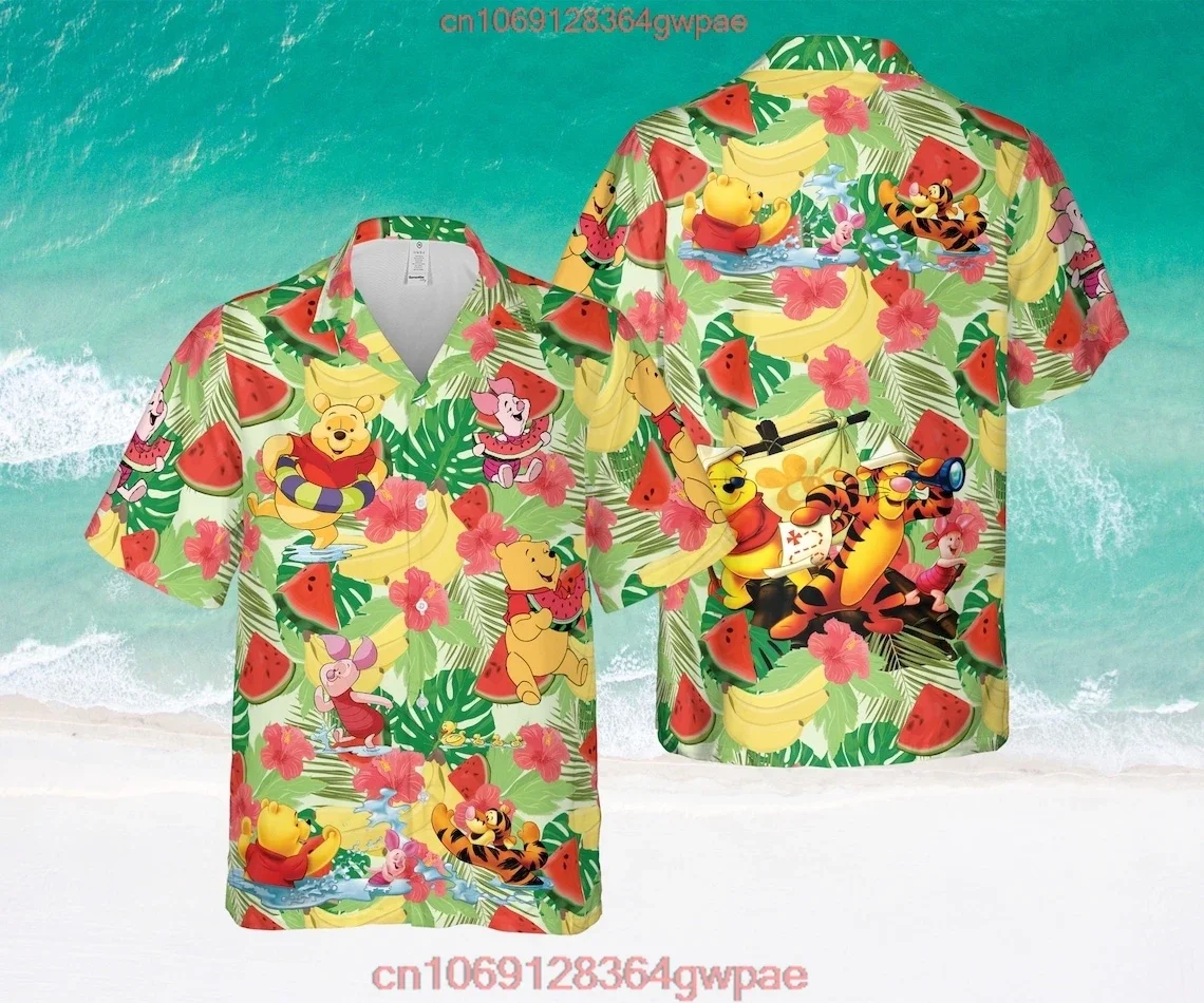 Winnie de Poeh Hawaiiaans overhemd met korte mouwen Cartoon Disney Hawaiiaans overhemd Casual strandoverhemd met korte mouwen Retro overhemd met knopen