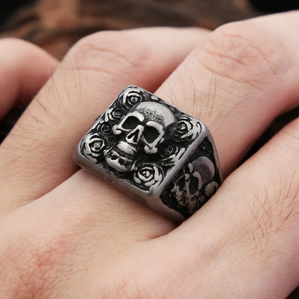 Punk Rock Vintage Skull Men Rings Gothic Biker 316L Stainless Steel Skeleton Ring Hip Hop Cool Motorcycle Jewelry Halloween Gift