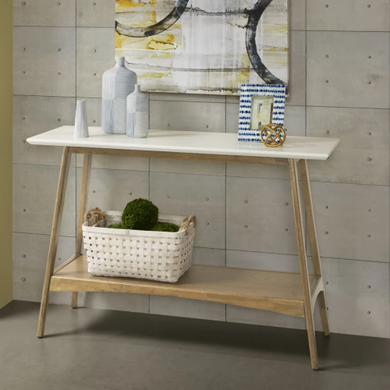 Mid-Century Wooden Console Table - Off-White Top, Solid Wood Frame, Extra Storage Shelf, Striking Two-Tone Contrast