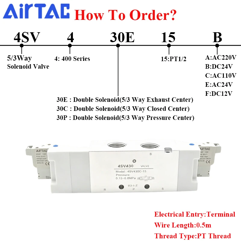 AirTAC 4SV430C-15 4SV430E-15 4SV430P-15 AC110V AC220V DC24 DC12V 5/3 Way 5 Port 3 Position Air Pneumatic Control Valve