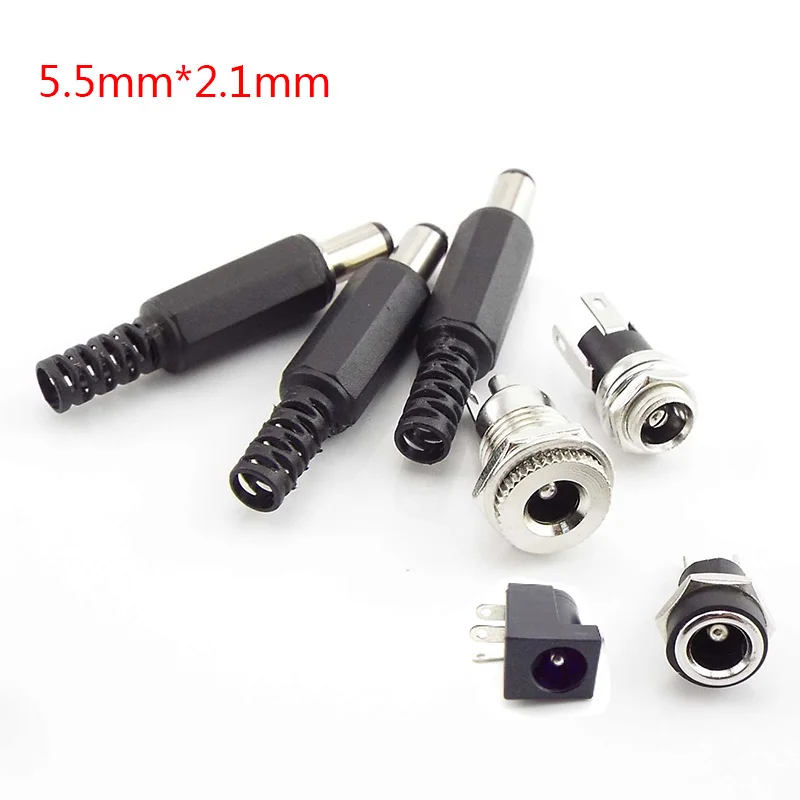 12V Plastic Male Plugs 5.5 x 2.1 mm DC Power Socket Female Jack Screw Nut Panel Mount Connector Adapter CCTV LED Strip E3