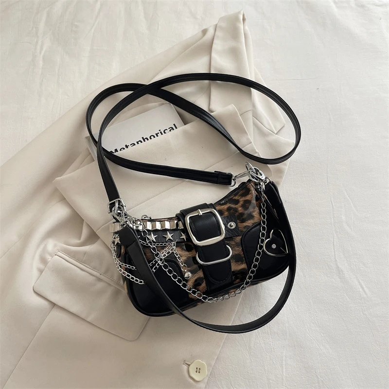 Y2K Leopard Print Shoulder Bag Punk Star Rivet Chain Decor Hobo Handbag Motorcycle Crossbody Bag Gothic Ladies Underarm Purse