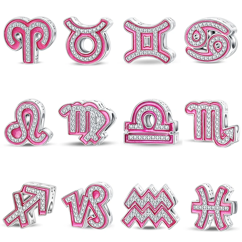 Pandach-abalorios de princesa rosa de 12 constelaciones de plata 925, aptos para pulseras originales de 3mm 925, regalo de joyería de cumpleaños DIY fino
