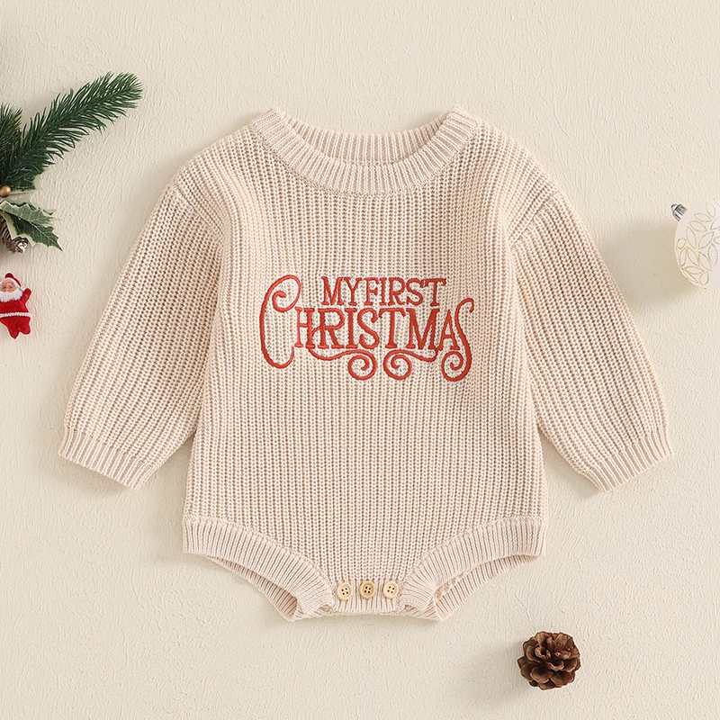 0-18M Baby Christmas Sweater Romper Letter Embroidery Round Neck Long Sleeve Knitted Bubble Jumpsuit