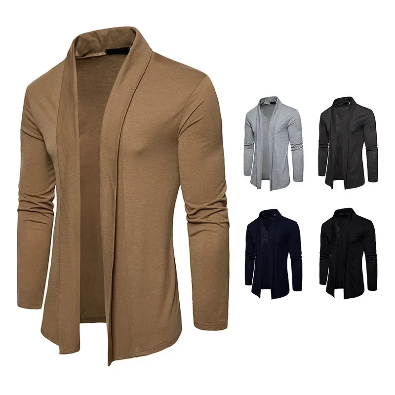 

New Fashion European Size Men's Long Sleeved Polo Neck Shawl Cardigan Youth Casual Knitwear Coat