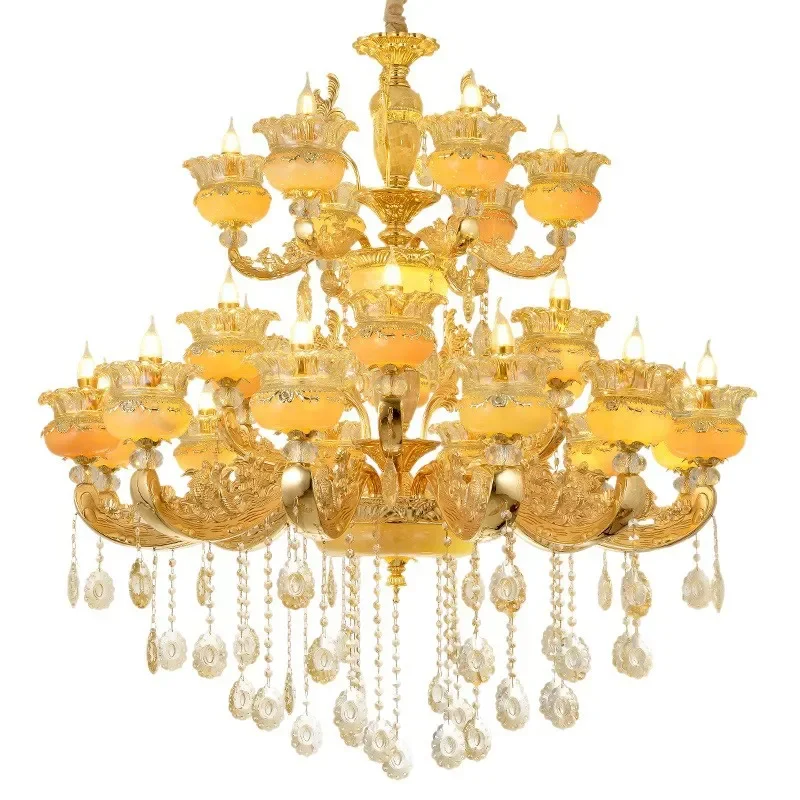 European Crystal Chandelier Hollow Jade Pendant Light Luxury Staircase Lamp for Villa Duplex Loft Living Room Decor