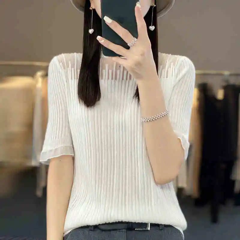 

Knitted Sweater Women Pullovers New Short Sleeve Ruffled Collar Knit Sweater Pullover Women Tops Sweaters Sueters De Mujer Q1304