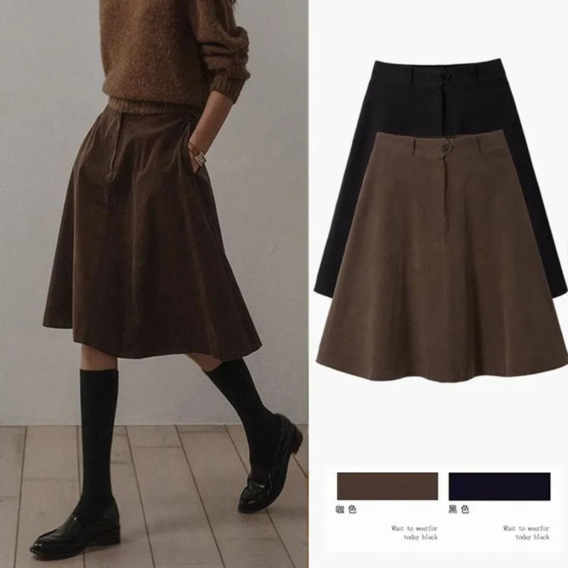 Vintage Corduroy Skirts Women Euro-American Streetwear Large Size Loose Knee Length Skirt High Waist with Pocket A-Line Skirts