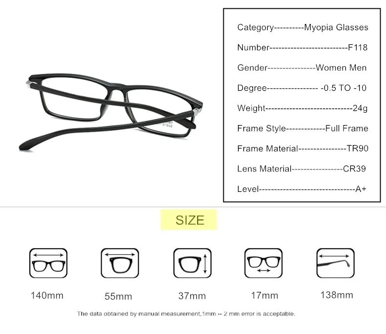 Photochrome oder blaues Licht blockierende Myopiebrille, verschreibungspflichtig -0,5 bis -10, anpassbar, für Damen und Herren, quadratischer TR90-Rahmen F118 – Detail 10