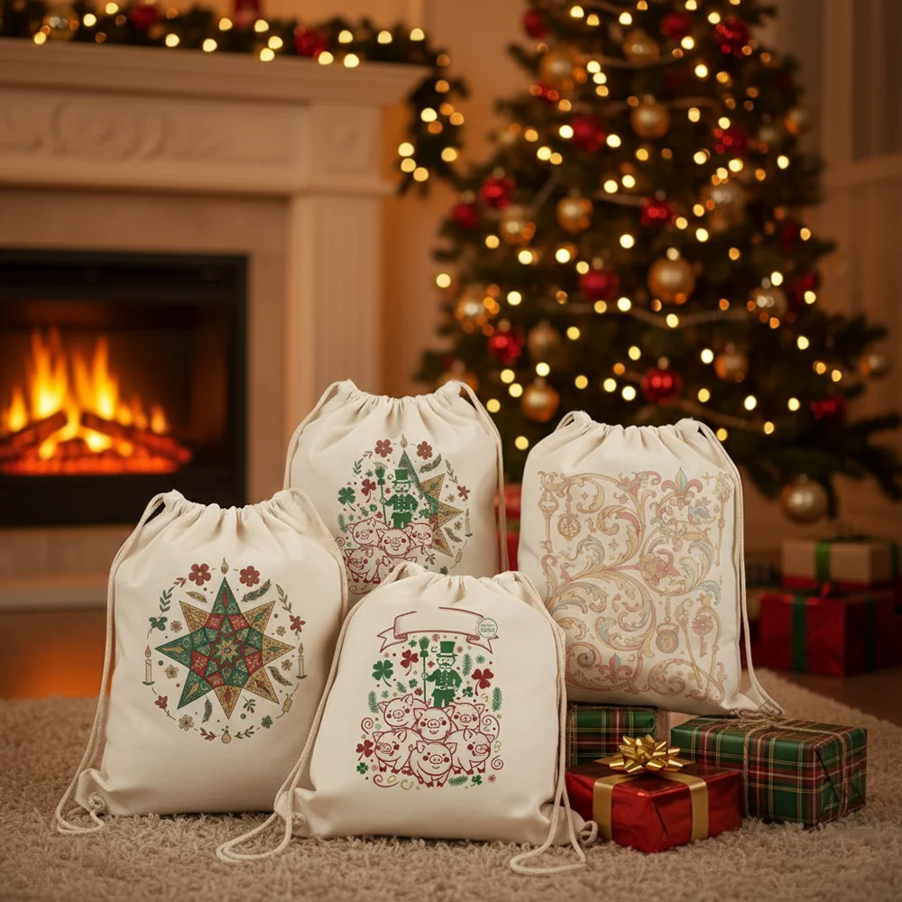 

White Canvas Drawstring Backpack Can Be Customized Lightweight And Portable Christmas Gift Bag Drawstring Bag For Family Gifts