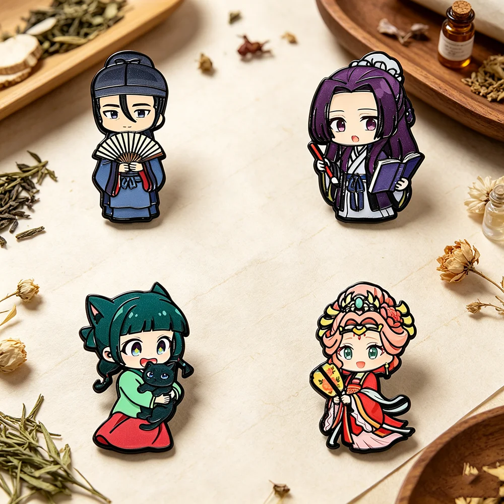 4Pcs The Apothecary Diaries Inspired Enamel Pins Set Maomao Jinshi Chibi Character Metal Lapel Brooches Badges for Backpack