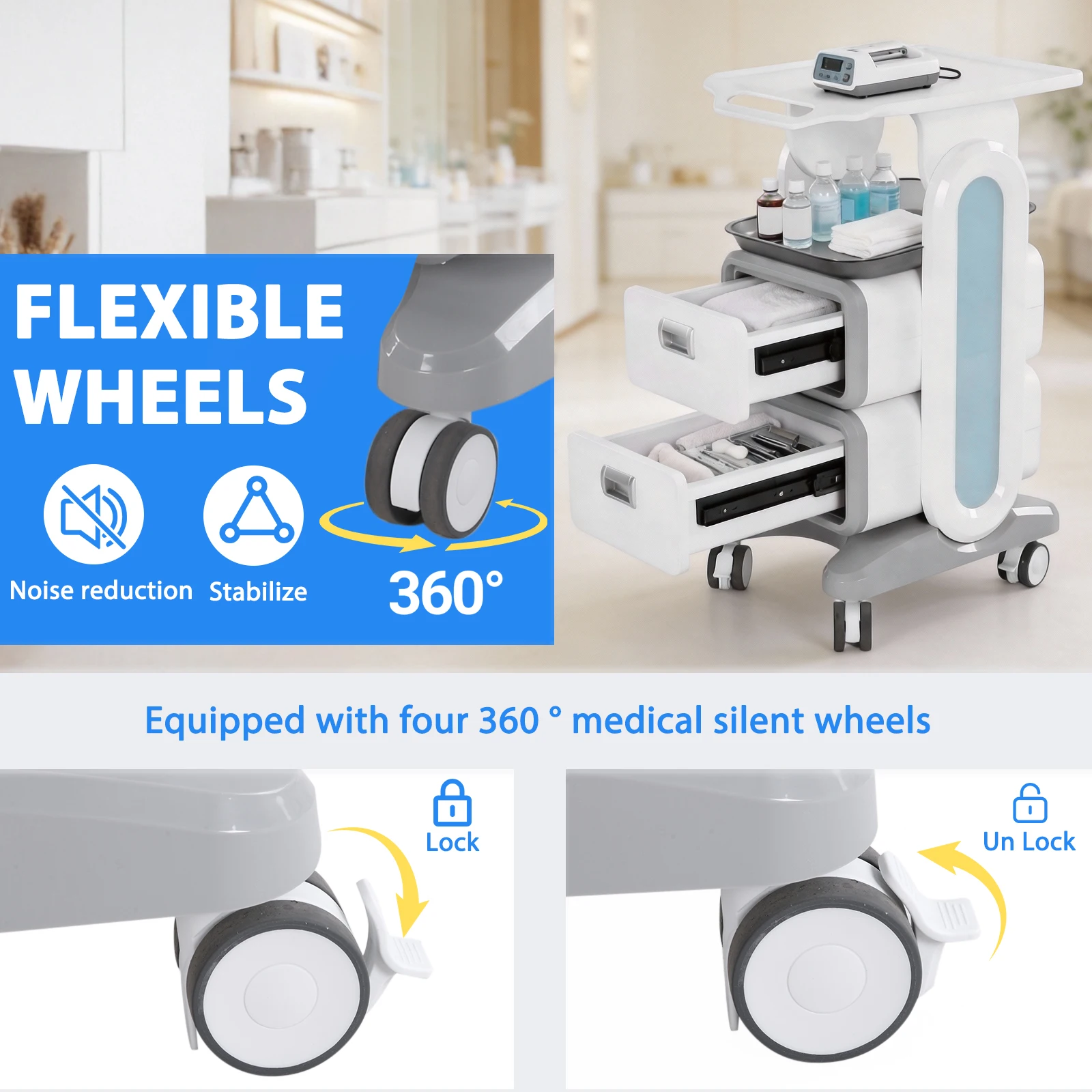 

Трехуровневая медицинская тележка с 2 ящиками и 1 верхним подносом, 4 бесшумными колесами из АБС-пластика для дома, больницы, офиса, клиники