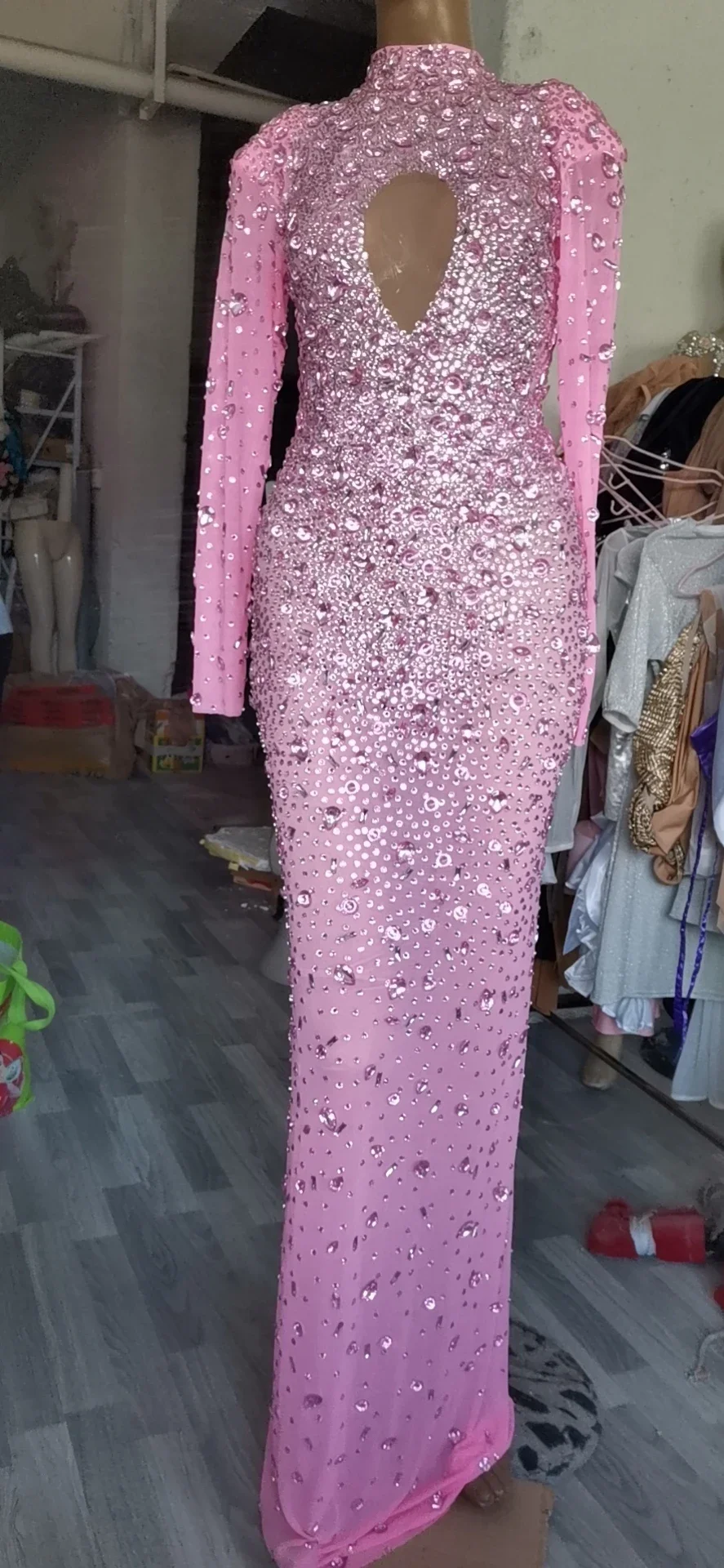 Lujosos vestidos largos de malla con cristales de diamantes de imitación para mujer, vestido de fiesta de graduación de noche para celebración de cumpleaños, ropa de escenario femenina