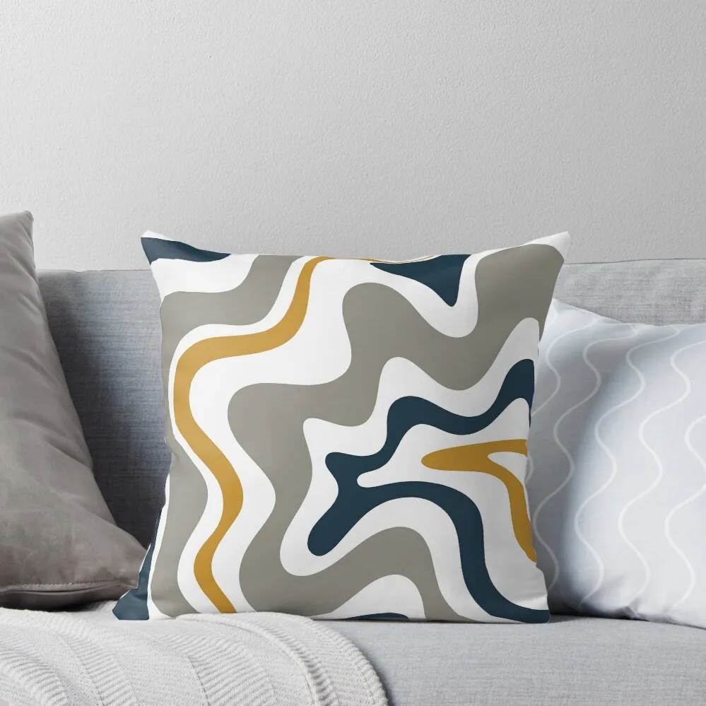 

Liquid Swirl Contemporary Abstract in Mustard Yellow, Navy Blue, Grey, and White Throw Pillow