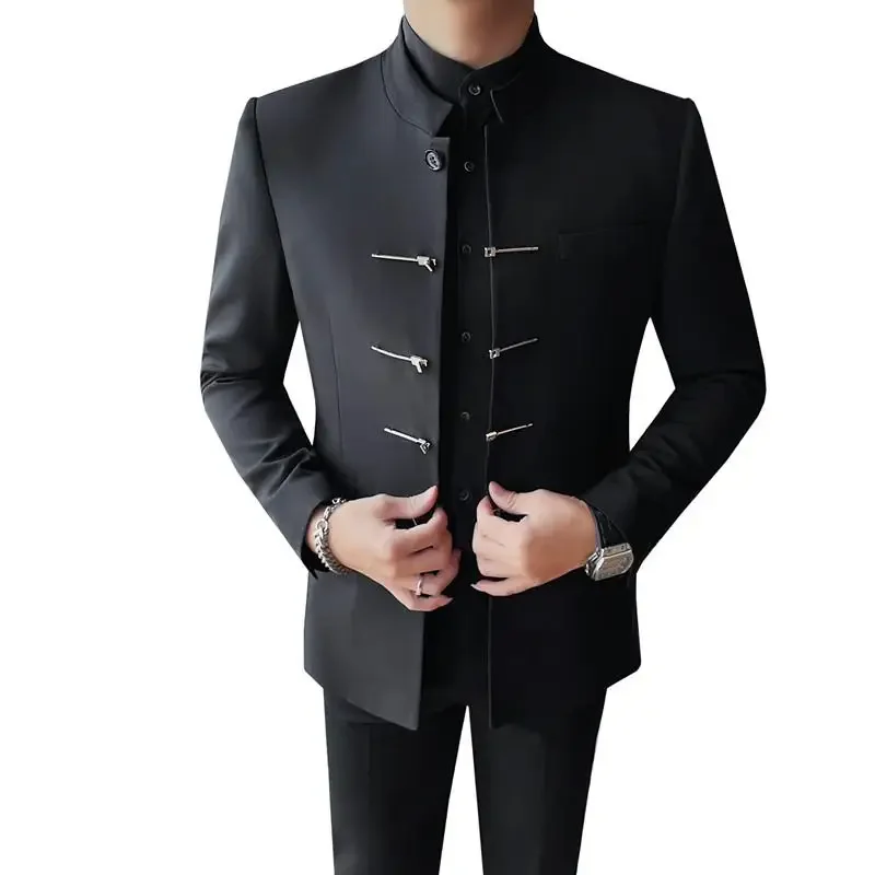 Chinese Style Stand Up Collar Suit Jacket for Men High Quality Mens Slim Fit Casual Social Wedding Dress Coat Men\'s Clothing