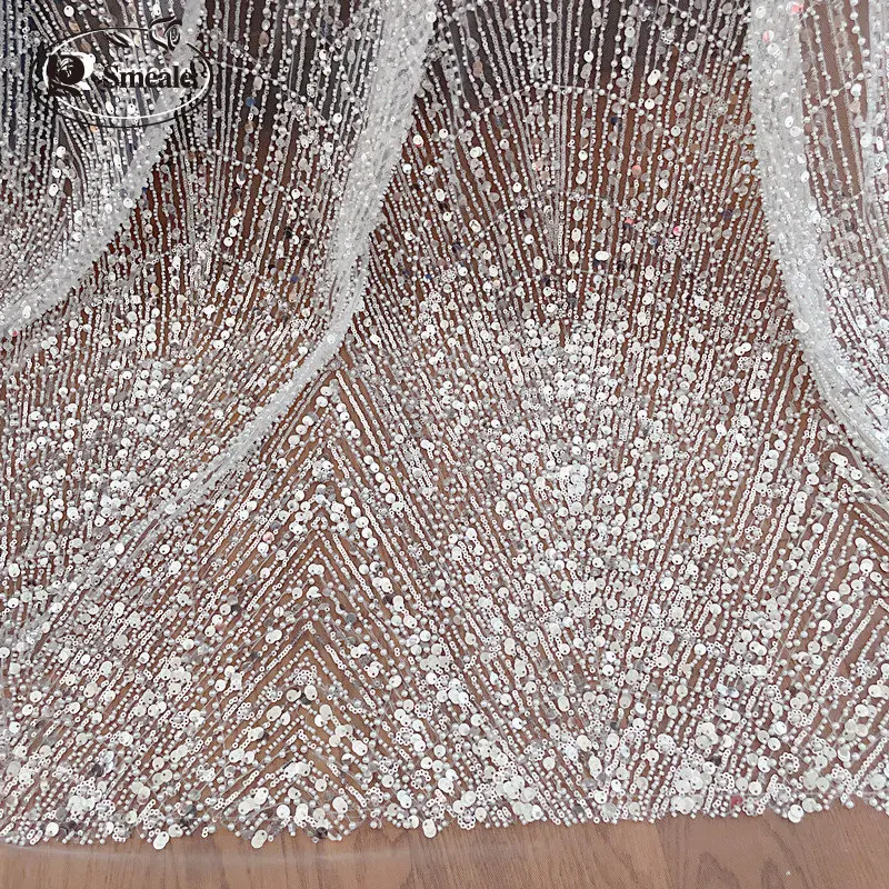 Bridal Lace Fabric Stripes, Luxury Beaded Sequin Wedding Dress, Advanced Custom-made Sewing Fabric, RS4161