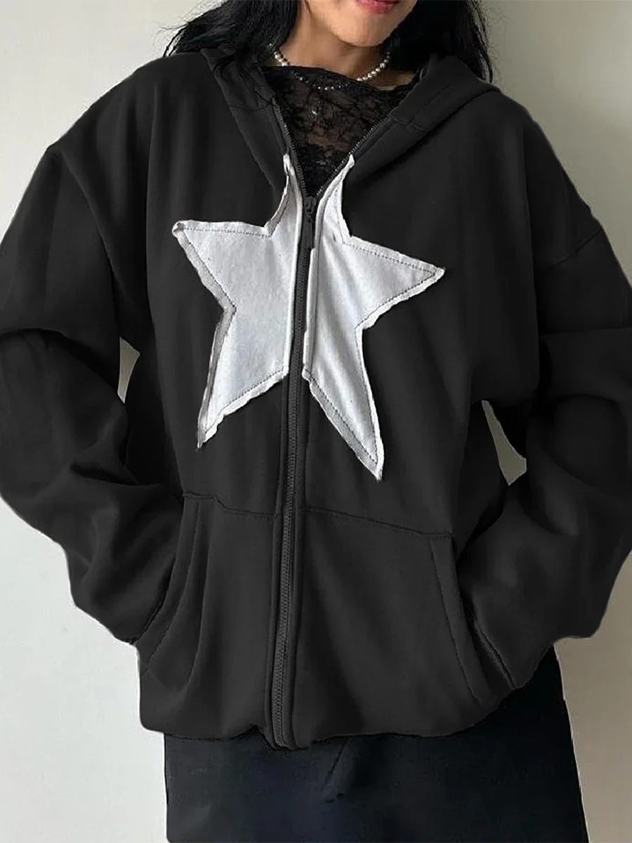 

Halloween Gothic Women's Zipper Hoodie Long Sleeve Star Patch Oversized Sportswear Street Hoodie Top