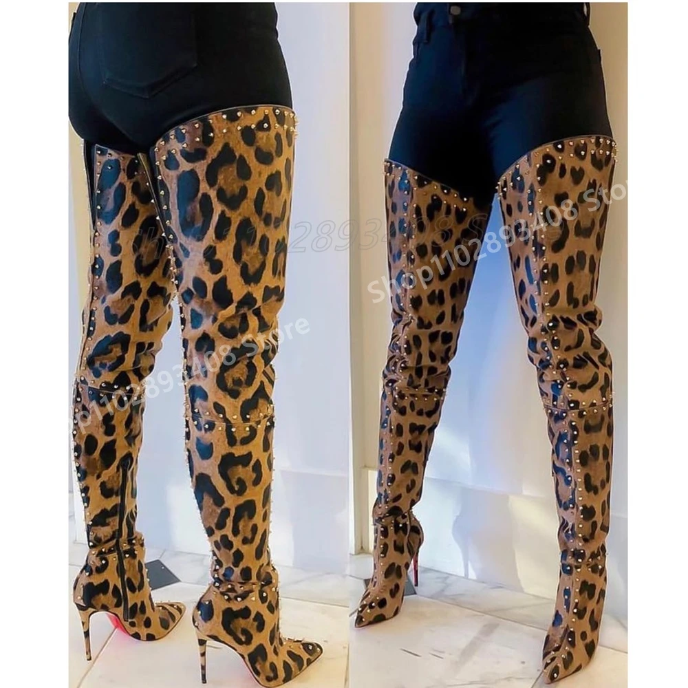 

Sexy Leopard Print Rivets Over the Knee Boots Pointy Stiletto High Heel Runway Style Women Shoes 2025 Spring Zapatos Para Mujere