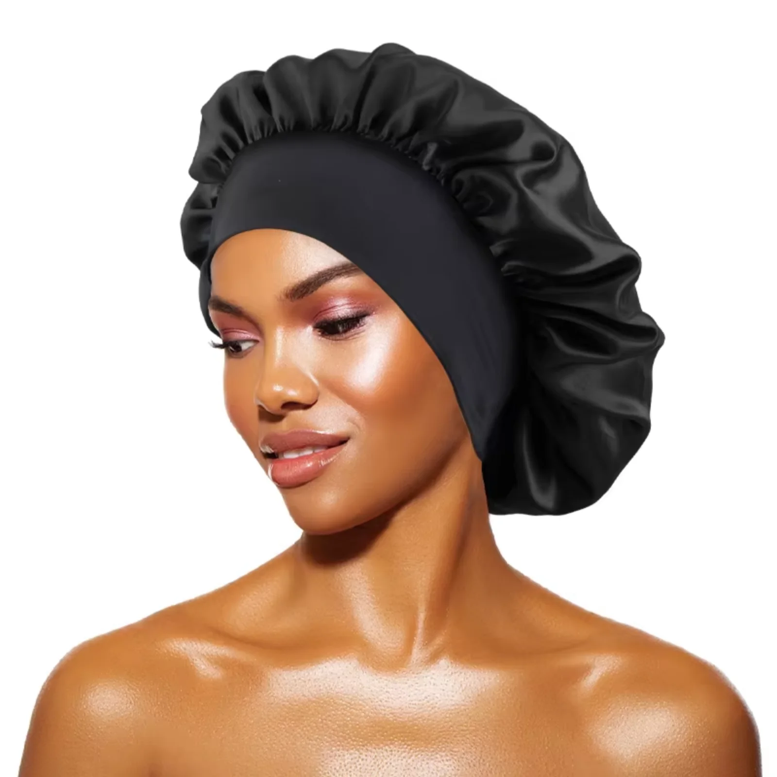 Damen Satin Einfarbige Schlafhauben Breitkrempige Nacht-Schlafmütze Unisex Kopfwickel mit Elastikband Haarpflege-Bonnet – Detail 3