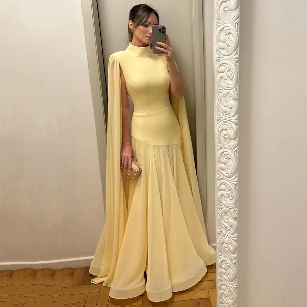 Msikoods Yellow Mermaid Prom Dresses High Neck Cape Sleeve Formal Evening Gowns Bridesmaids Dress Guest Party Dress Customizd