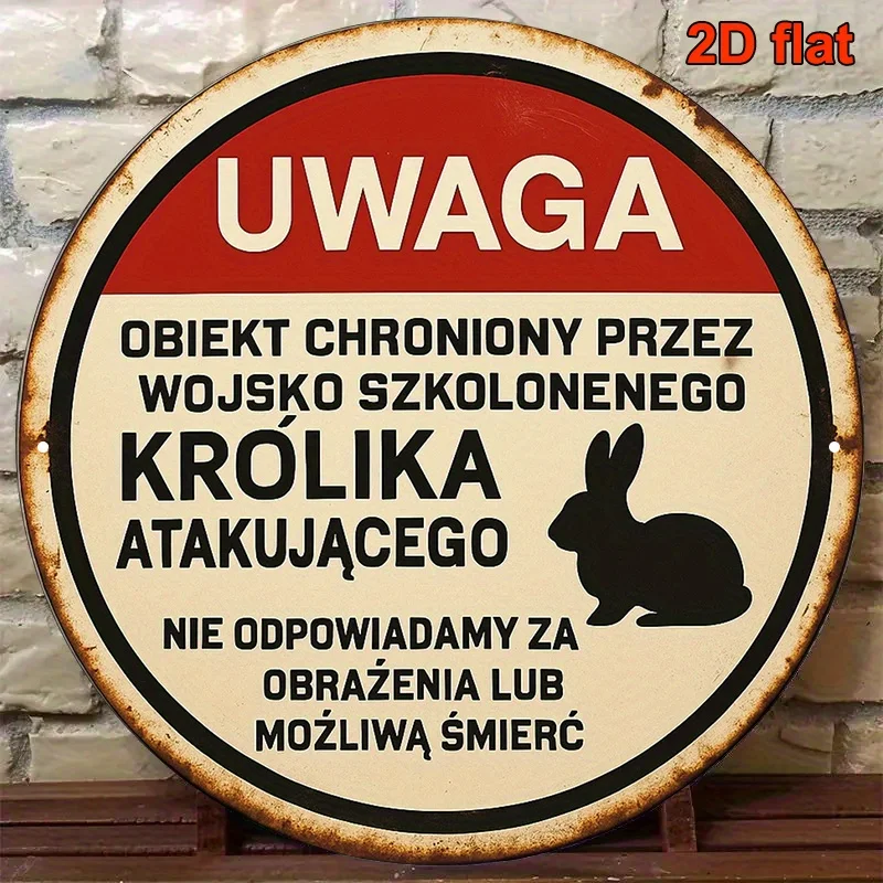 مسطح ثنائي الأبعاد، قطعة واحدة من علامة تحذير اللغة البولندية المستديرة مقاس 8 بوصات - "أرنب الهجوم المدرب" (UWAGA: Atakujacy Krolik) مع الألمانية