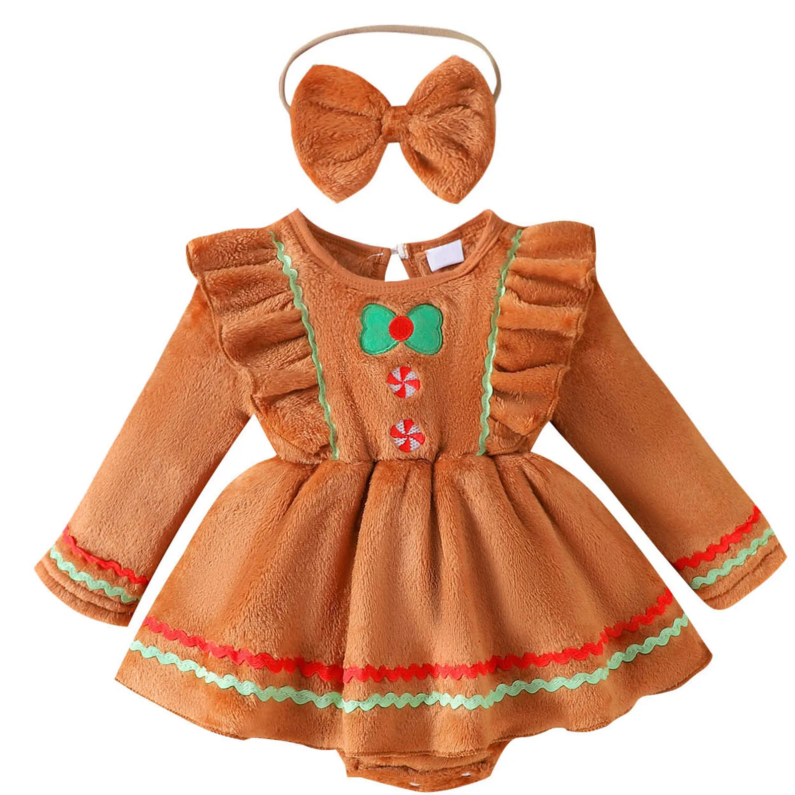 

Newborn Infant Girl Christmas Romper Dress Long Sleeve Gingerbread Crotch Press Buttons Jumpsuits with Bow Headband Xmas Clothes